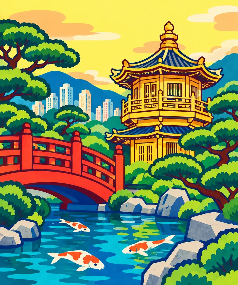 南蓮園池 · 現代色塊版畫插畫