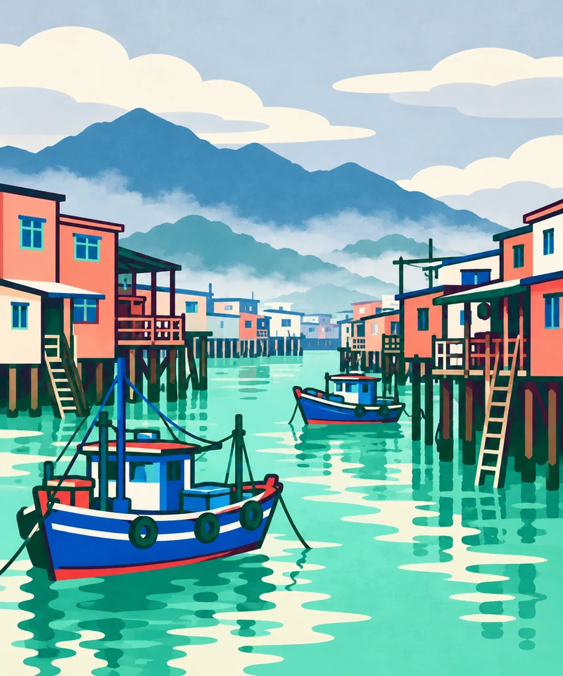 大澳 · 現代色塊版畫插畫
