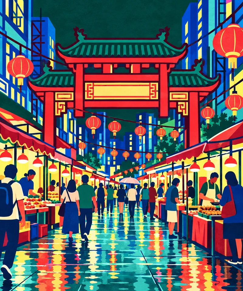 廟街 · 現代色塊版畫插畫